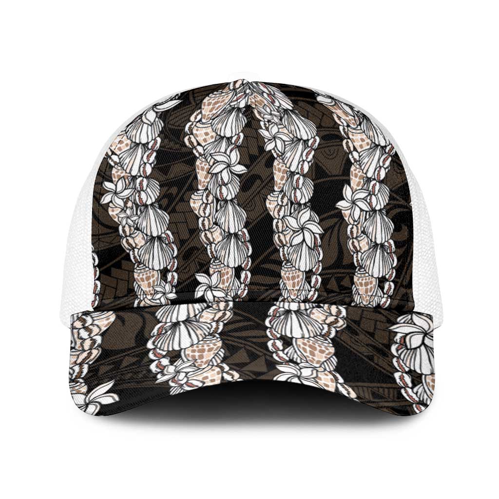 Black and Beige Hawaii Shell Lei Baseball Net Cap Hawaiian Sunrise Shell Hebrew Cone Plumeria - Polynesian Pride
