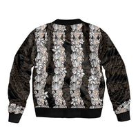 Black and Beige Hawaii Shell Lei Bomber Jacket Hawaiian Sunrise Shell Hebrew Cone Plumeria - Polynesian Pride