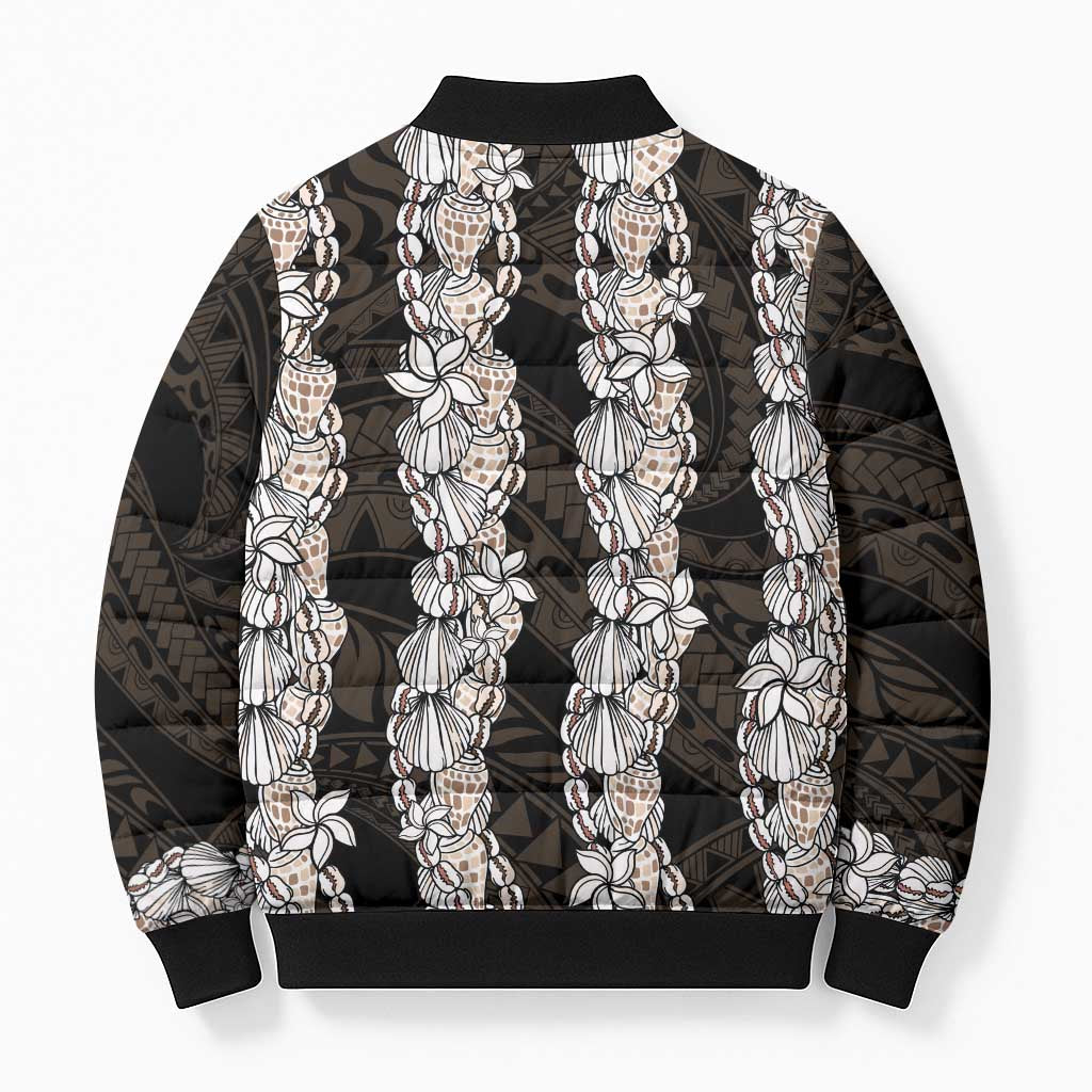 Black and Beige Hawaii Shell Lei Bomber Puffer Jacket Hawaiian Sunrise Shell Hebrew Cone Plumeria - Polynesian Pride