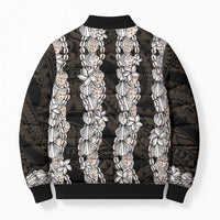 Black and Beige Hawaii Shell Lei Bomber Puffer Jacket Hawaiian Sunrise Shell Hebrew Cone Plumeria - Polynesian Pride