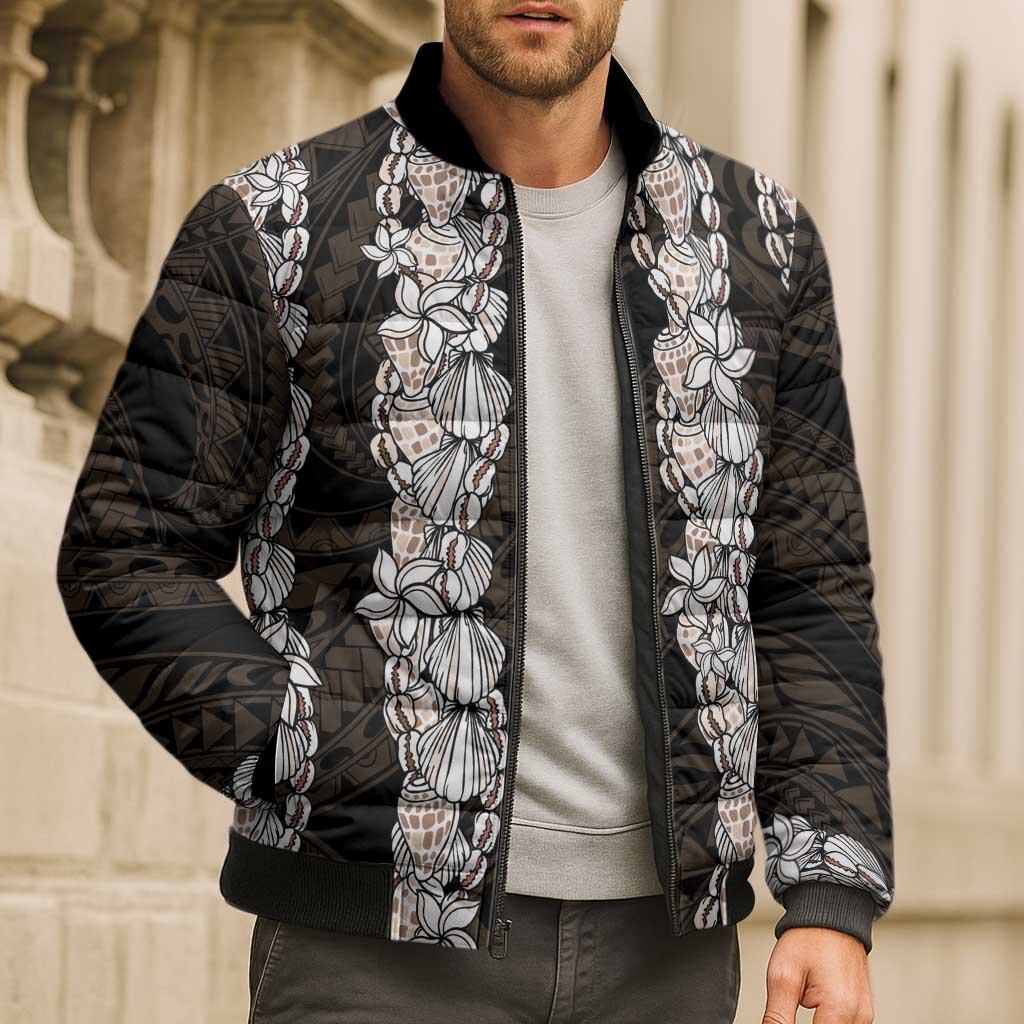 Black and Beige Hawaii Shell Lei Bomber Puffer Jacket Hawaiian Sunrise Shell Hebrew Cone Plumeria - Polynesian Pride
