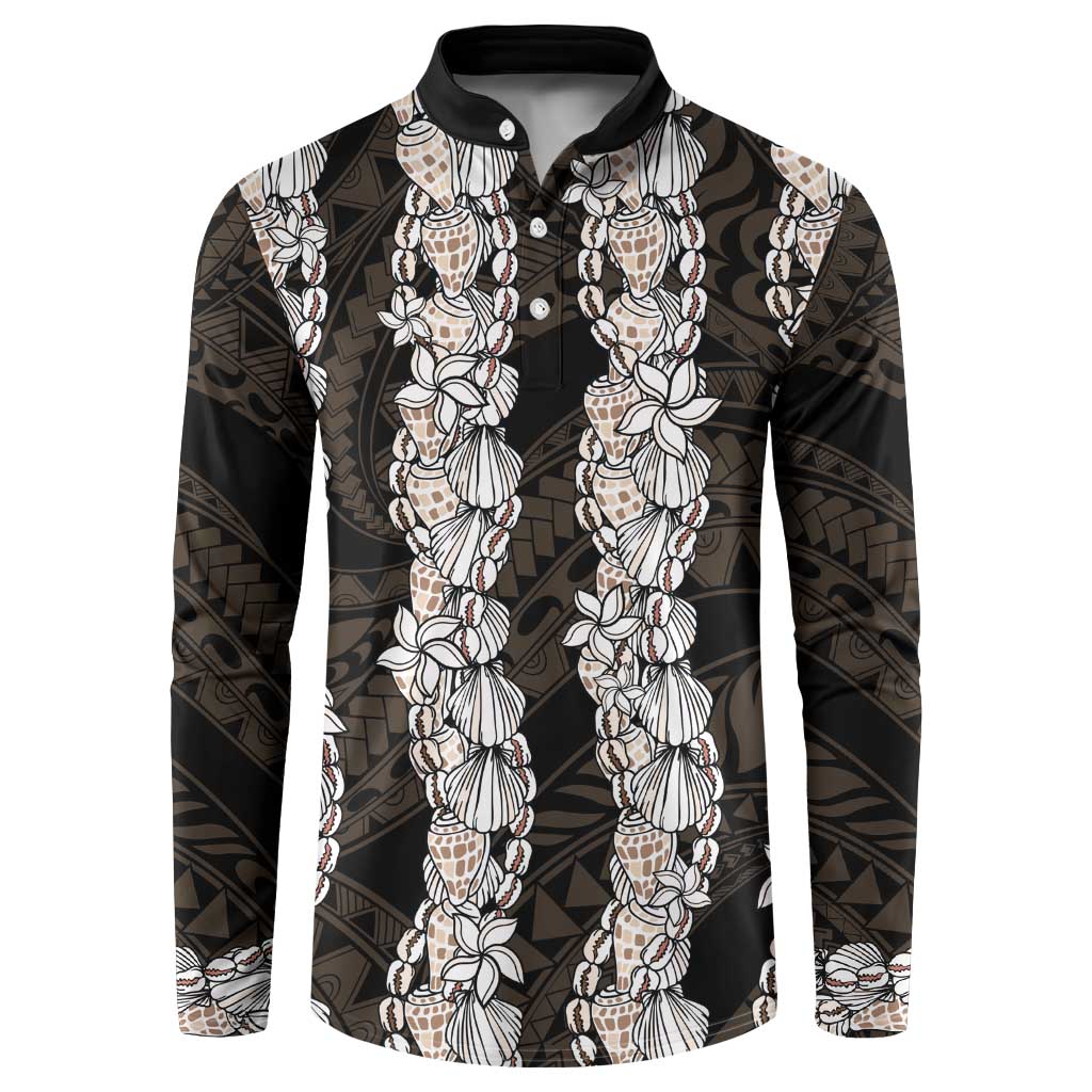 Black and Beige Hawaii Shell Lei Button Sweatshirt Hawaiian Sunrise Shell Hebrew Cone Plumeria - Polynesian Pride