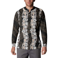 Black and Beige Hawaii Shell Lei Button Sweatshirt Hawaiian Sunrise Shell Hebrew Cone Plumeria - Polynesian Pride