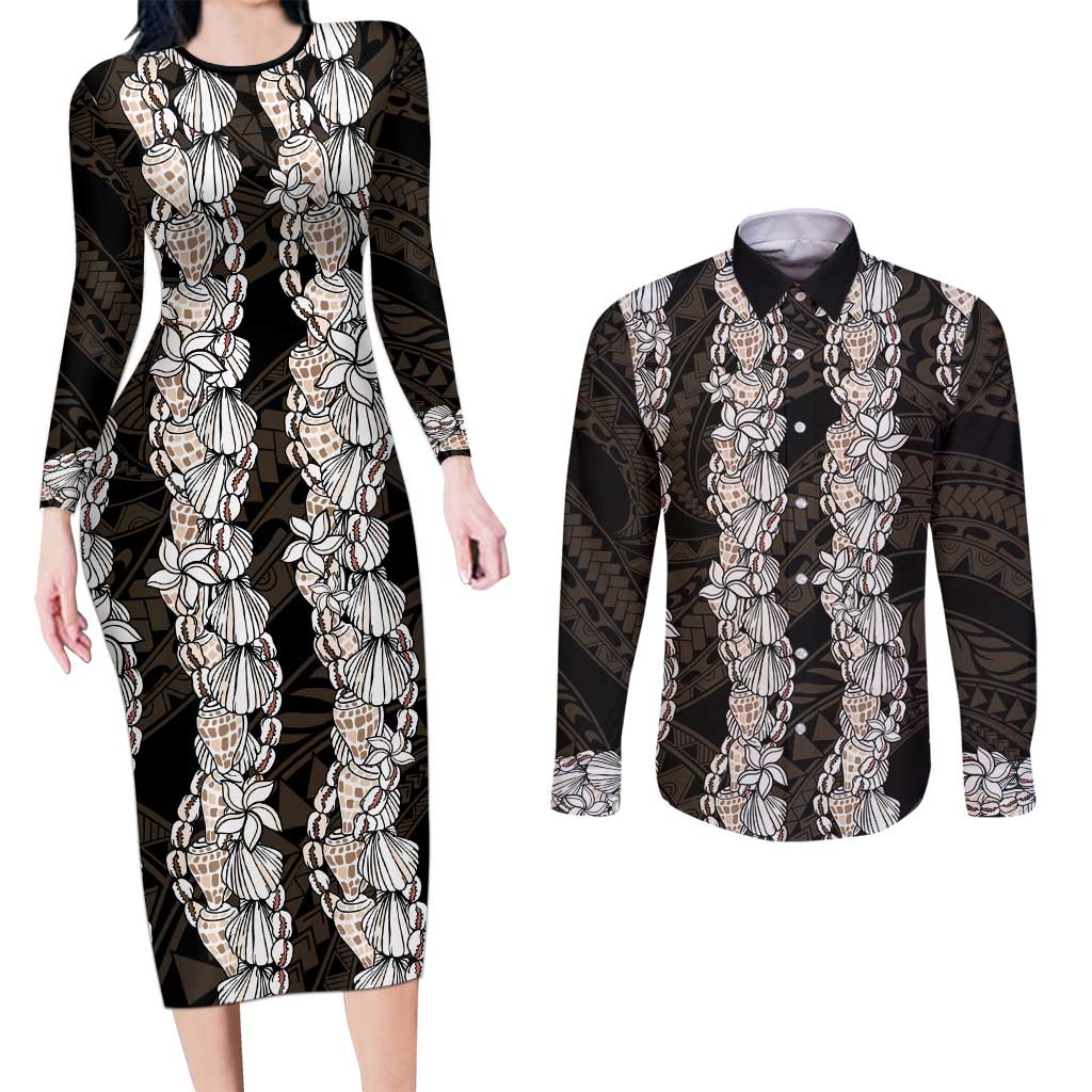 Black and Beige Hawaii Shell Lei Couples Matching Long Sleeve Bodycon Dress and Long Sleeve Button Shirt Hawaiian Sunrise Shell Hebrew Cone Plumeria - Polynesian Pride