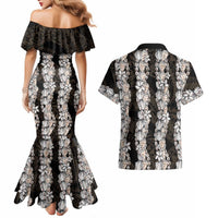 Black and Beige Hawaii Shell Lei Couples Matching Mermaid Dress and Hawaiian Shirt Hawaiian Sunrise Shell Hebrew Cone Plumeria - Polynesian Pride