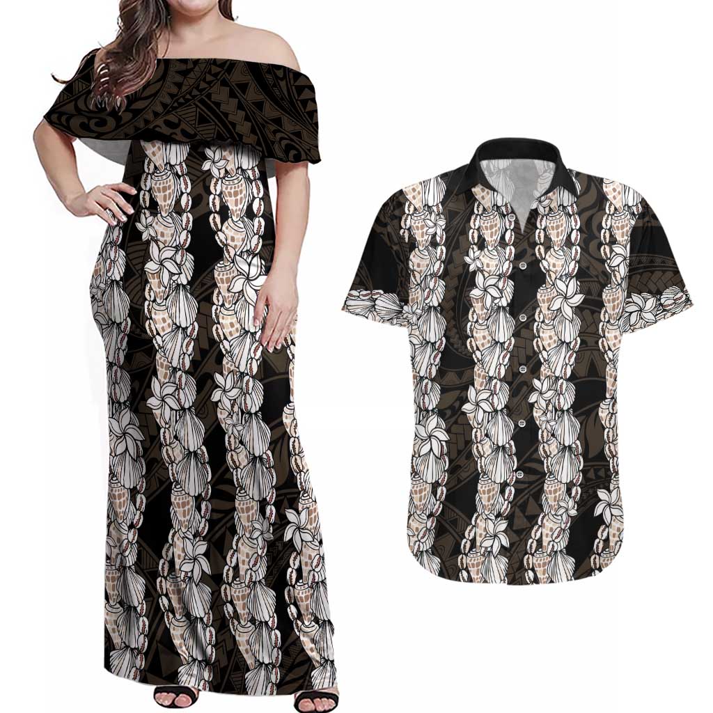 Black and Beige Hawaii Shell Lei Couples Matching Off Shoulder Maxi Dress and Hawaiian Shirt Hawaiian Sunrise Shell Hebrew Cone Plumeria - Polynesian Pride