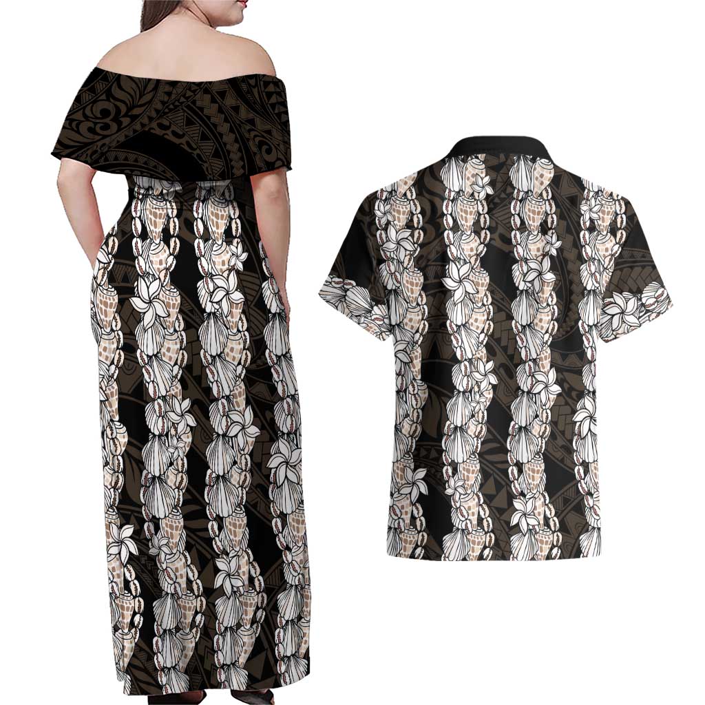 Black and Beige Hawaii Shell Lei Couples Matching Off Shoulder Maxi Dress and Hawaiian Shirt Hawaiian Sunrise Shell Hebrew Cone Plumeria - Polynesian Pride