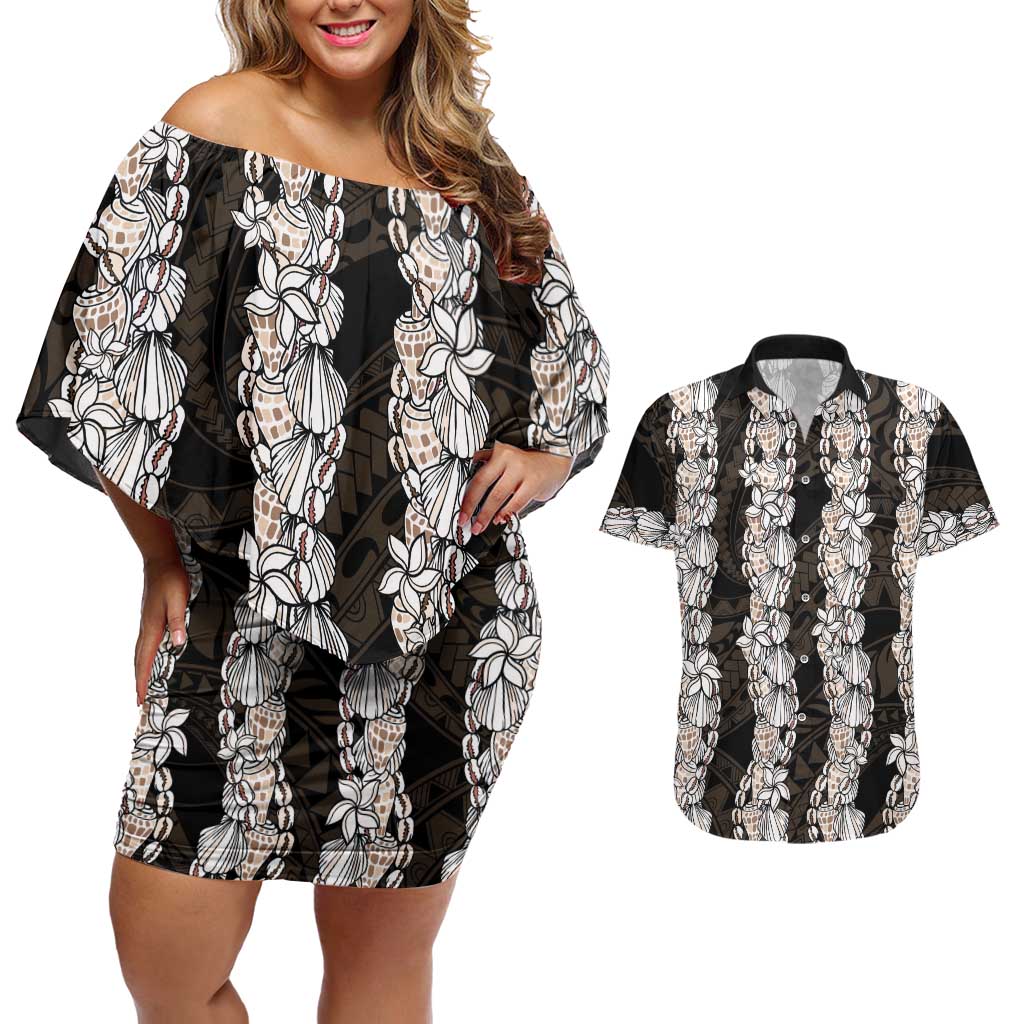 Black and Beige Hawaii Shell Lei Couples Matching Off Shoulder Short Dress and Hawaiian Shirt Hawaiian Sunrise Shell Hebrew Cone Plumeria - Polynesian Pride