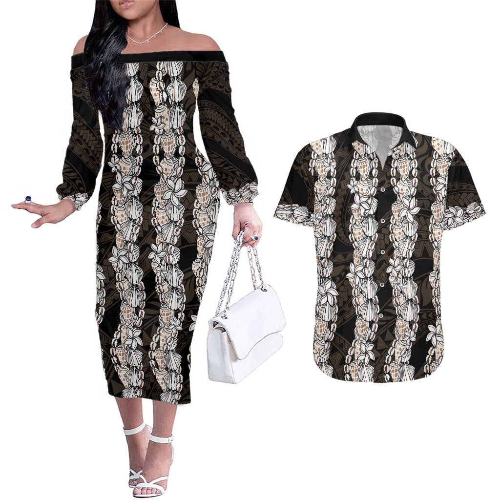 Black and Beige Hawaii Shell Lei Couples Matching Off The Shoulder Long Sleeve Dress and Hawaiian Shirt Hawaiian Sunrise Shell Hebrew Cone Plumeria - Polynesian Pride
