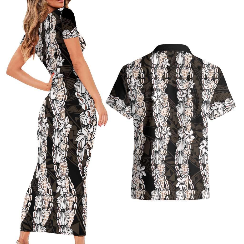 Black and Beige Hawaii Shell Lei Couples Matching Short Sleeve Bodycon Dress and Hawaiian Shirt Hawaiian Sunrise Shell Hebrew Cone Plumeria - Polynesian Pride