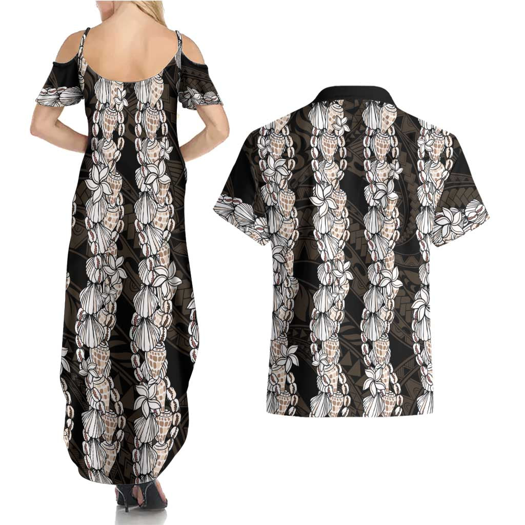 Black and Beige Hawaii Shell Lei Couples Matching Summer Maxi Dress and Hawaiian Shirt Hawaiian Sunrise Shell Hebrew Cone Plumeria - Polynesian Pride