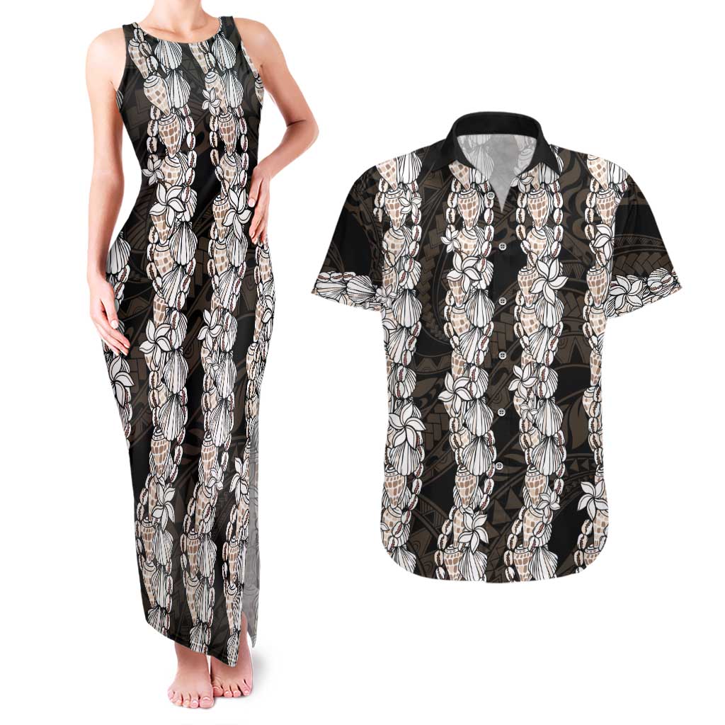 Black and Beige Hawaii Shell Lei Couples Matching Tank Maxi Dress and Hawaiian Shirt Hawaiian Sunrise Shell Hebrew Cone Plumeria - Polynesian Pride