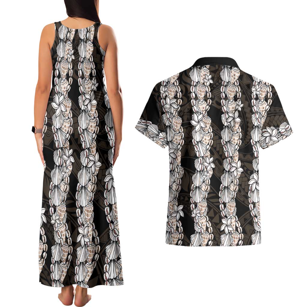 Black and Beige Hawaii Shell Lei Couples Matching Tank Maxi Dress and Hawaiian Shirt Hawaiian Sunrise Shell Hebrew Cone Plumeria - Polynesian Pride