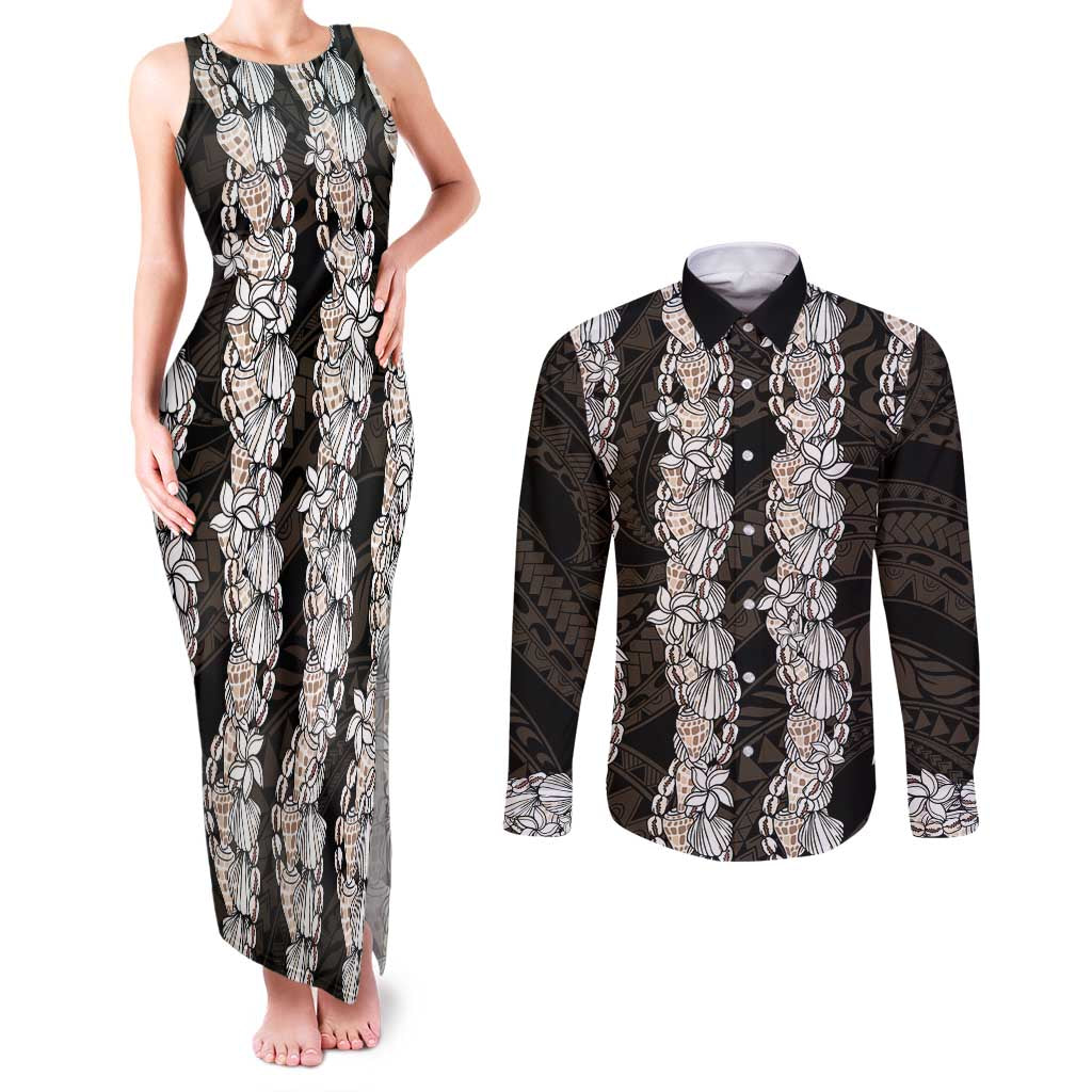 Black and Beige Hawaii Shell Lei Couples Matching Tank Maxi Dress and Long Sleeve Button Shirt Hawaiian Sunrise Shell Hebrew Cone Plumeria - Polynesian Pride