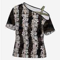 Black and Beige Hawaii Shell Lei Cross Shoulder Shirt Hawaiian Sunrise Shell Hebrew Cone Plumeria - Polynesian Pride