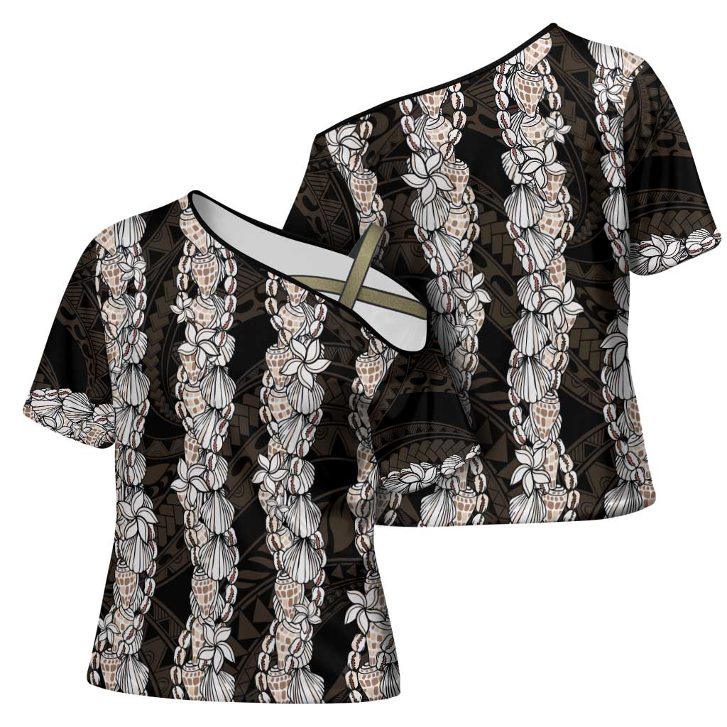 Black and Beige Hawaii Shell Lei Cross Shoulder Shirt Hawaiian Sunrise Shell Hebrew Cone Plumeria - Polynesian Pride