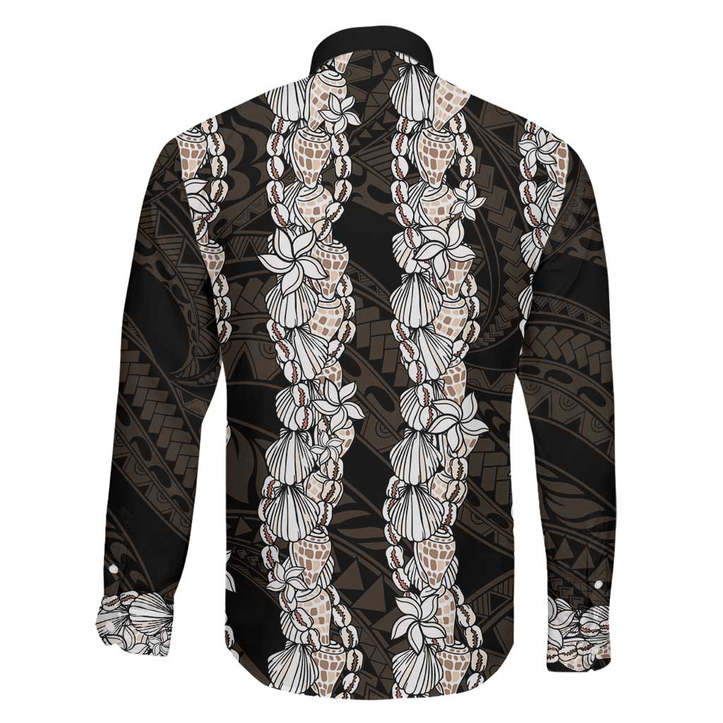 Black and Beige Hawaii Shell Lei Family Matching Long Sleeve Bodycon Dress and Hawaiian Shirt Hawaiian Sunrise Shell Hebrew Cone Plumeria LT14 - Polynesian Pride