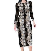 Black and Beige Hawaii Shell Lei Family Matching Long Sleeve Bodycon Dress and Hawaiian Shirt Hawaiian Sunrise Shell Hebrew Cone Plumeria LT14 Mom's Dress Black - Polynesian Pride