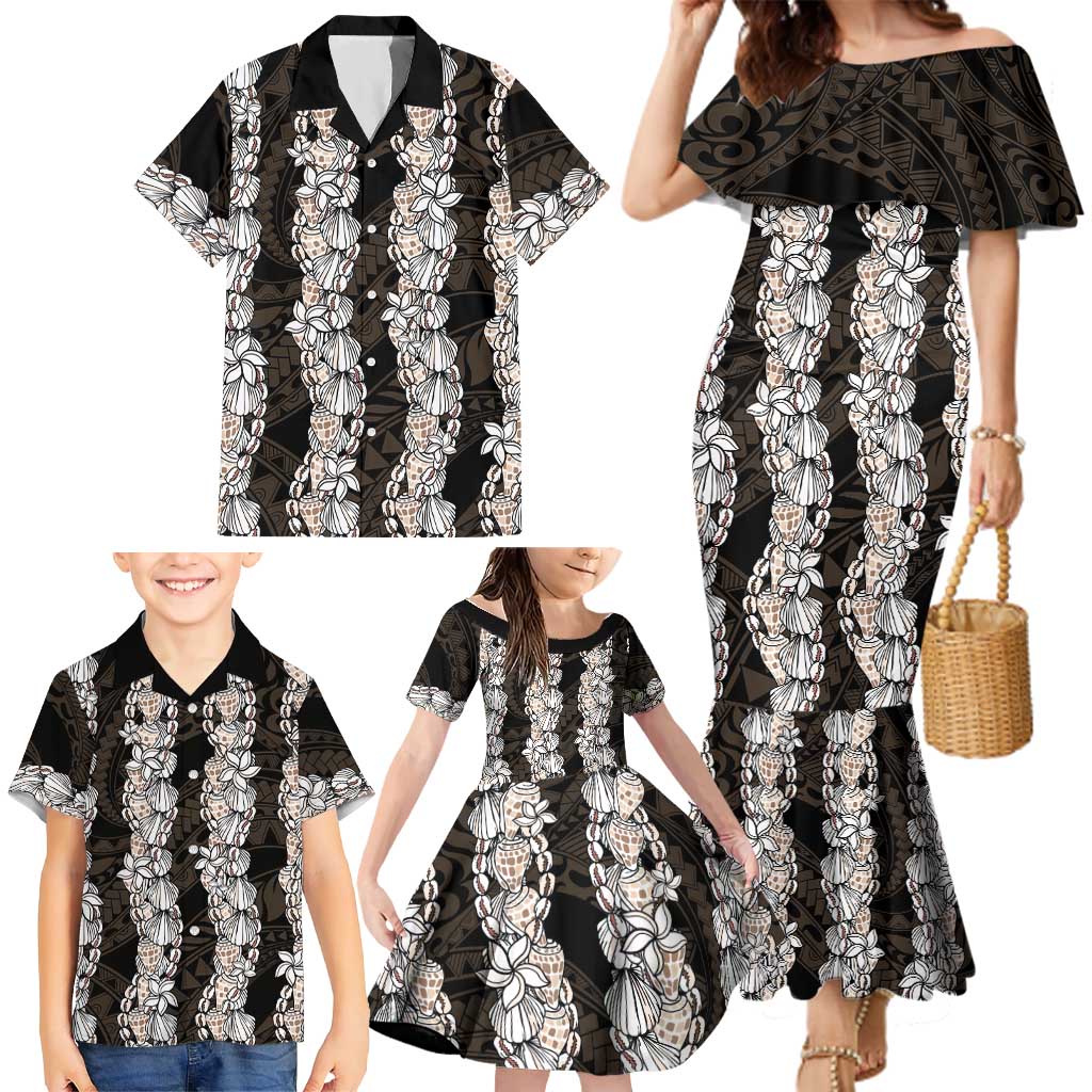 Black and Beige Hawaii Shell Lei Family Matching Mermaid Dress and Hawaiian Shirt Hawaiian Sunrise Shell Hebrew Cone Plumeria - Polynesian Pride