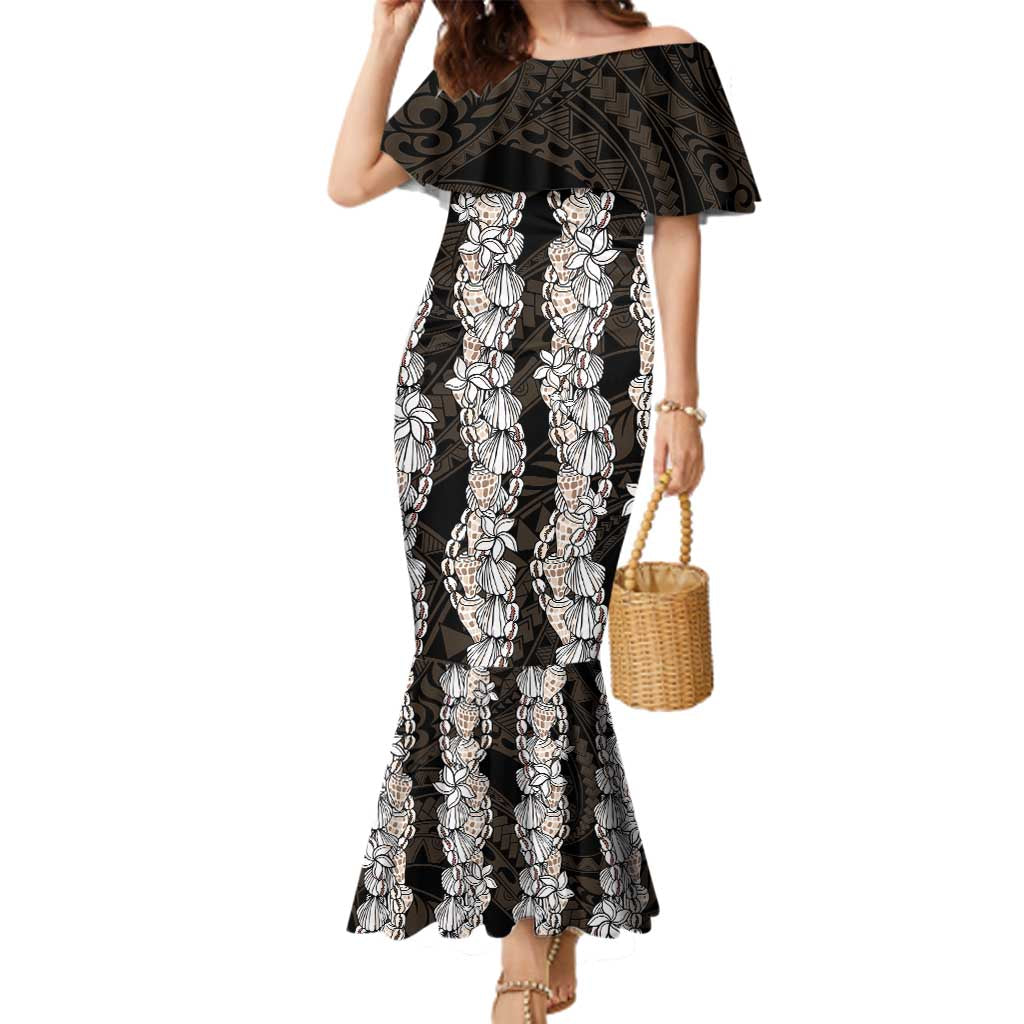 Black and Beige Hawaii Shell Lei Family Matching Mermaid Dress and Hawaiian Shirt Hawaiian Sunrise Shell Hebrew Cone Plumeria LT14 Mom's Dress Black - Polynesian Pride