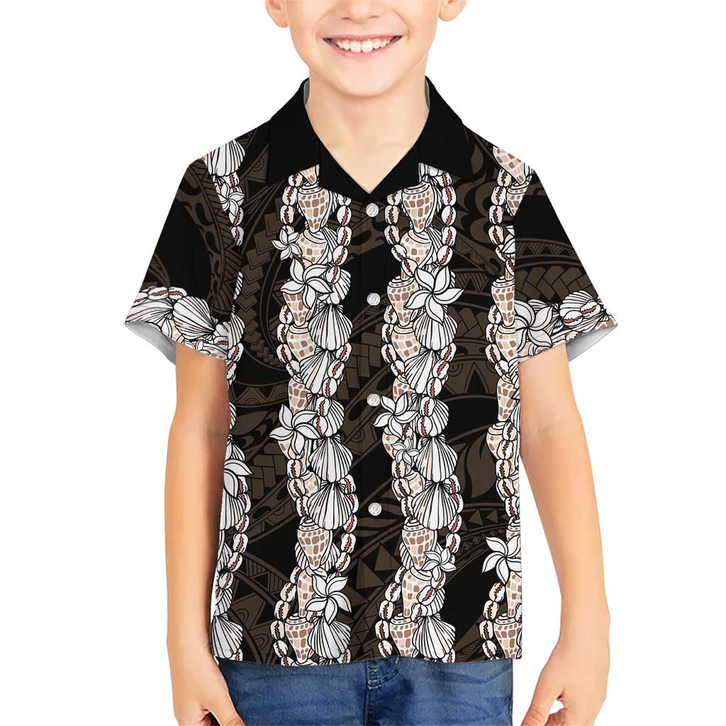Black and Beige Hawaii Shell Lei Family Matching Mermaid Dress and Hawaiian Shirt Hawaiian Sunrise Shell Hebrew Cone Plumeria LT14 Son's Shirt Black - Polynesian Pride