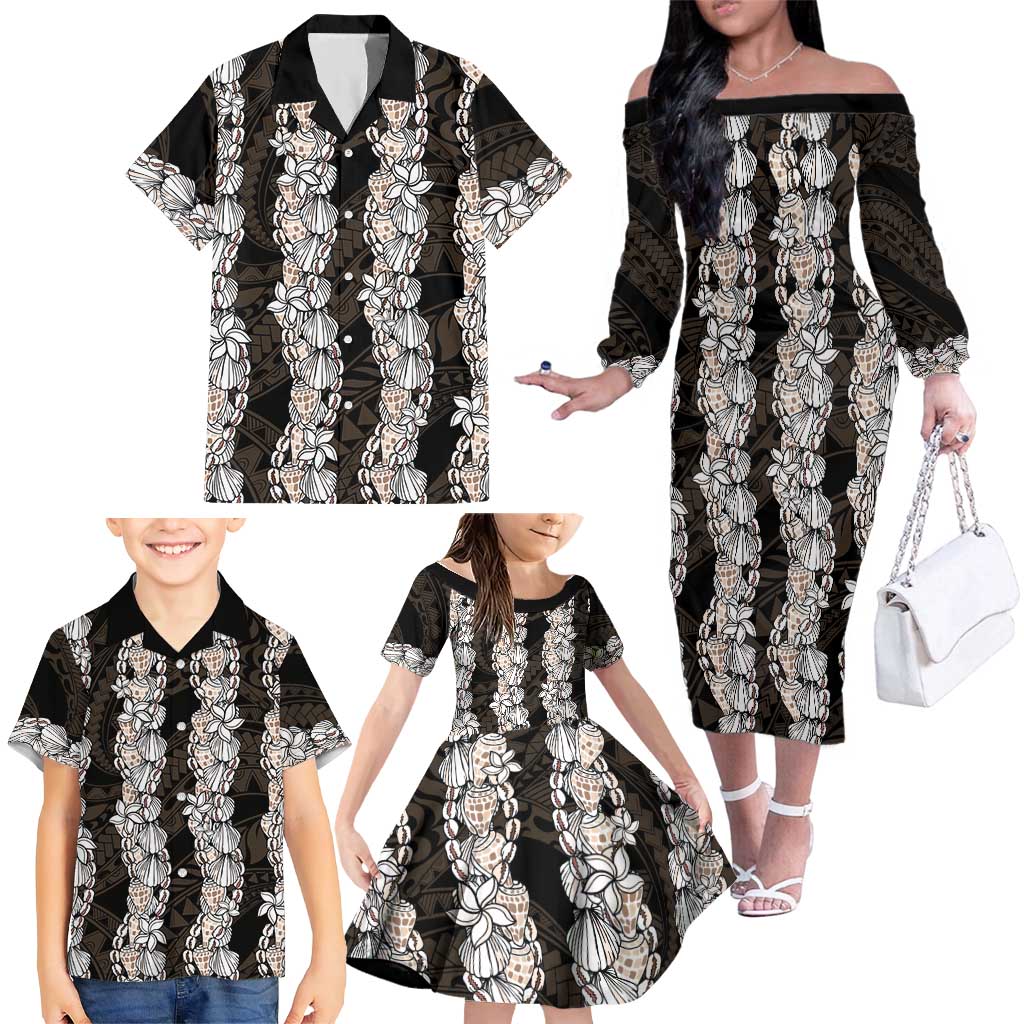 Black and Beige Hawaii Shell Lei Family Matching Off The Shoulder Long Sleeve Dress and Hawaiian Shirt Hawaiian Sunrise Shell Hebrew Cone Plumeria LT14 - Polynesian Pride