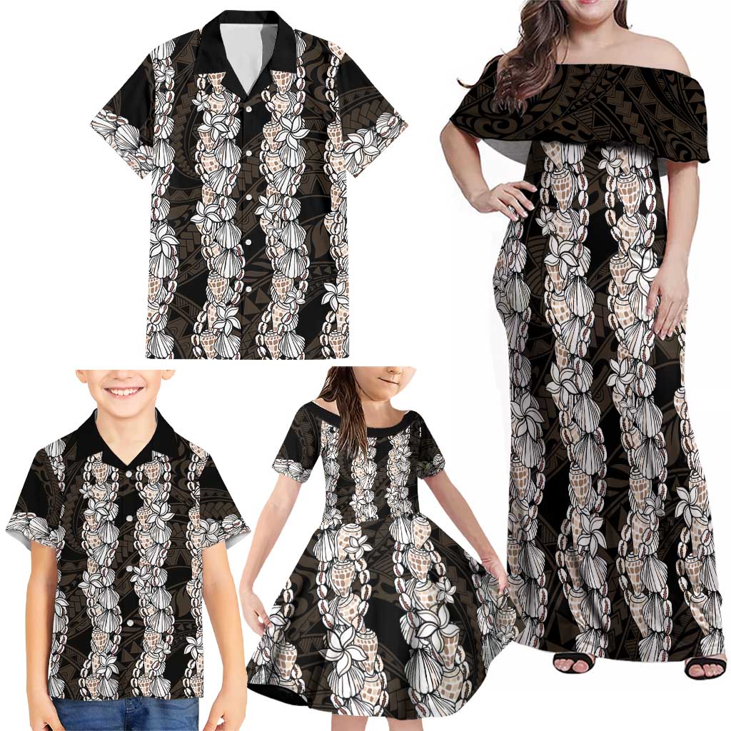 Black and Beige Hawaii Shell Lei Family Matching Off Shoulder Maxi Dress and Hawaiian Shirt Hawaiian Sunrise Shell Hebrew Cone Plumeria LT14 - Polynesian Pride