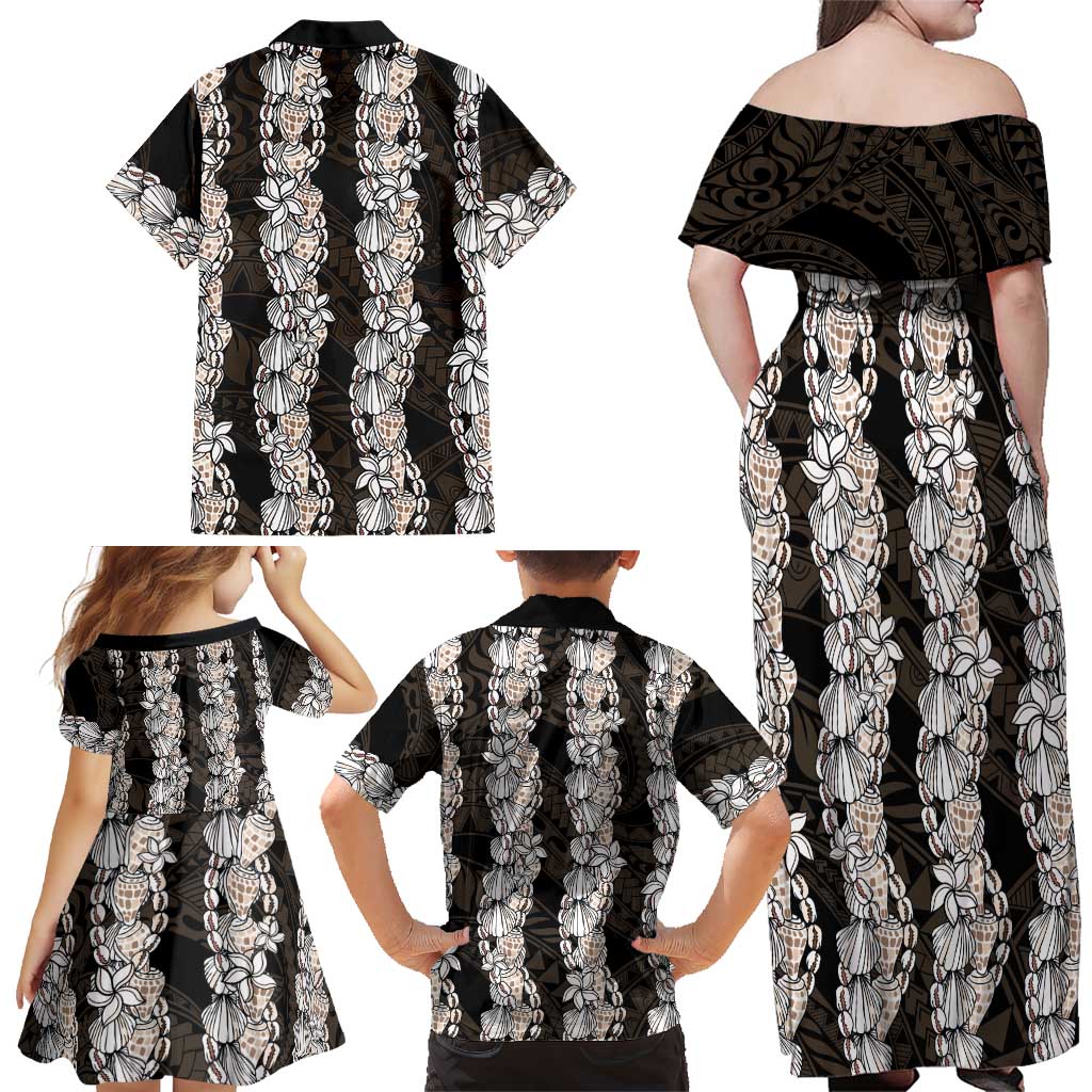 Black and Beige Hawaii Shell Lei Family Matching Off Shoulder Maxi Dress and Hawaiian Shirt Hawaiian Sunrise Shell Hebrew Cone Plumeria LT14 - Polynesian Pride