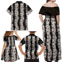 Black and Beige Hawaii Shell Lei Family Matching Off Shoulder Maxi Dress and Hawaiian Shirt Hawaiian Sunrise Shell Hebrew Cone Plumeria LT14 - Polynesian Pride