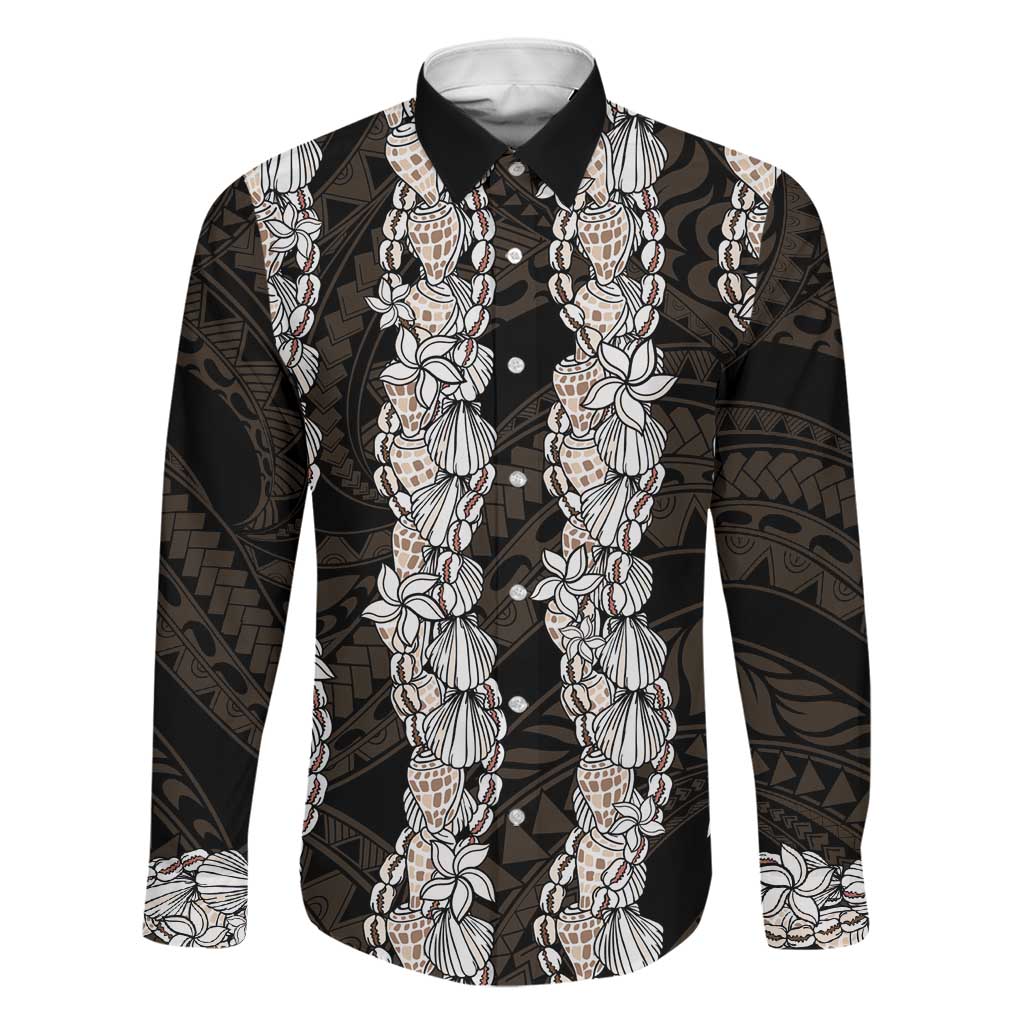 Black and Beige Hawaii Shell Lei Family Matching Off Shoulder Maxi Dress and Hawaiian Shirt Hawaiian Sunrise Shell Hebrew Cone Plumeria LT14 Dad's Shirt - Long Sleeve Black - Polynesian Pride