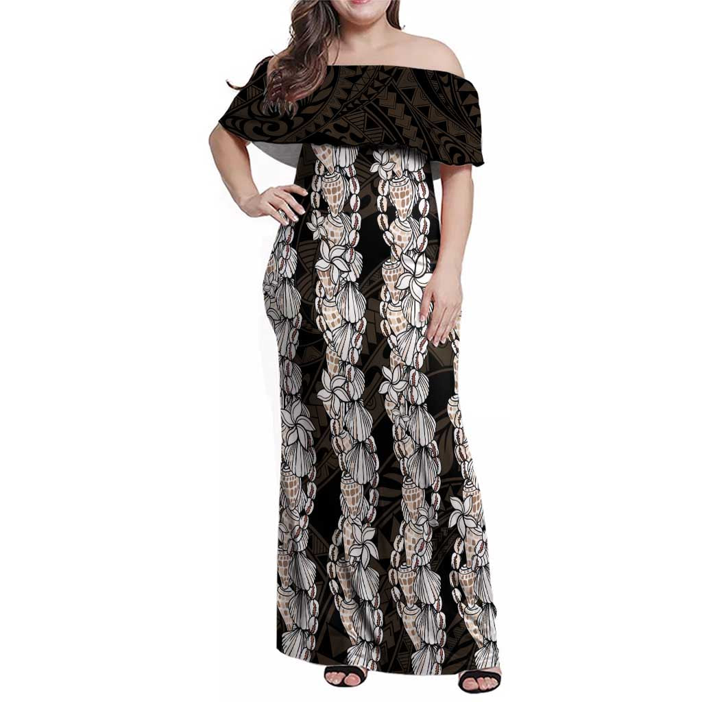 Black and Beige Hawaii Shell Lei Family Matching Off Shoulder Maxi Dress and Hawaiian Shirt Hawaiian Sunrise Shell Hebrew Cone Plumeria LT14 Mom's Dress Black - Polynesian Pride