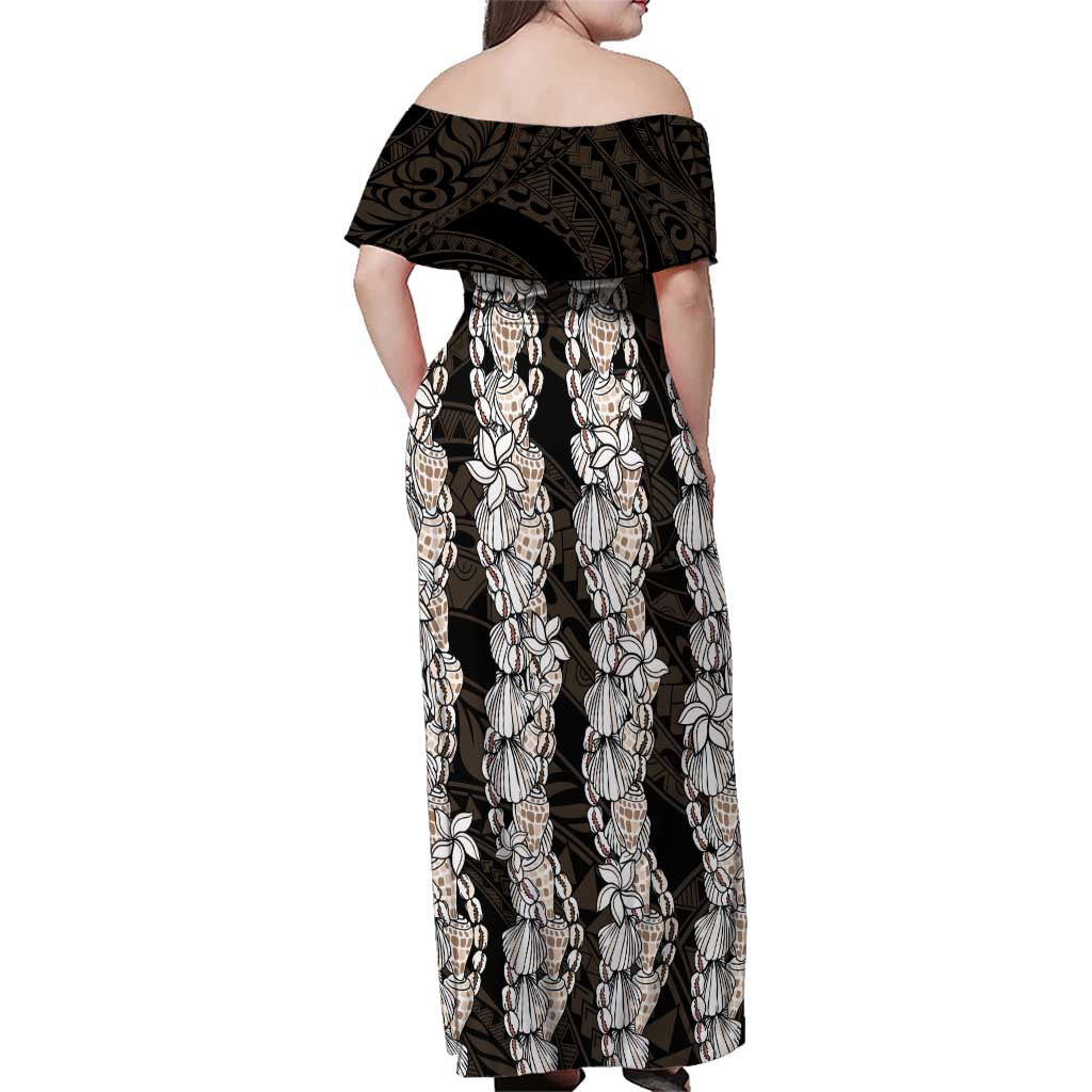 Black and Beige Hawaii Shell Lei Family Matching Off Shoulder Maxi Dress and Hawaiian Shirt Hawaiian Sunrise Shell Hebrew Cone Plumeria LT14 - Polynesian Pride