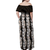 Black and Beige Hawaii Shell Lei Family Matching Off Shoulder Maxi Dress and Hawaiian Shirt Hawaiian Sunrise Shell Hebrew Cone Plumeria LT14 - Polynesian Pride