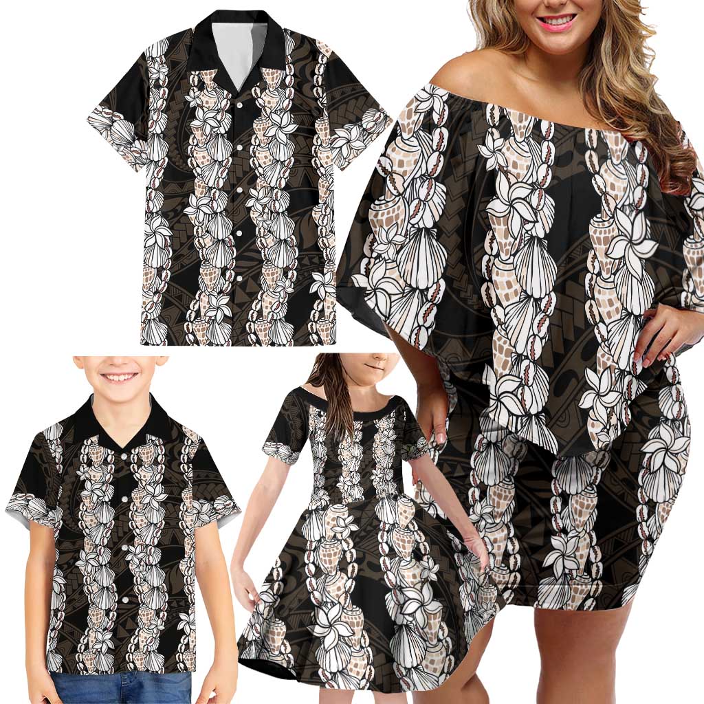 Black and Beige Hawaii Shell Lei Family Matching Off Shoulder Short Dress and Hawaiian Shirt Hawaiian Sunrise Shell Hebrew Cone Plumeria - Polynesian Pride