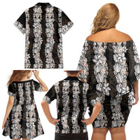 Black and Beige Hawaii Shell Lei Family Matching Off Shoulder Short Dress and Hawaiian Shirt Hawaiian Sunrise Shell Hebrew Cone Plumeria LT14 - Polynesian Pride