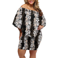 Black and Beige Hawaii Shell Lei Family Matching Off Shoulder Short Dress and Hawaiian Shirt Hawaiian Sunrise Shell Hebrew Cone Plumeria LT14 Mom's Dress Black - Polynesian Pride