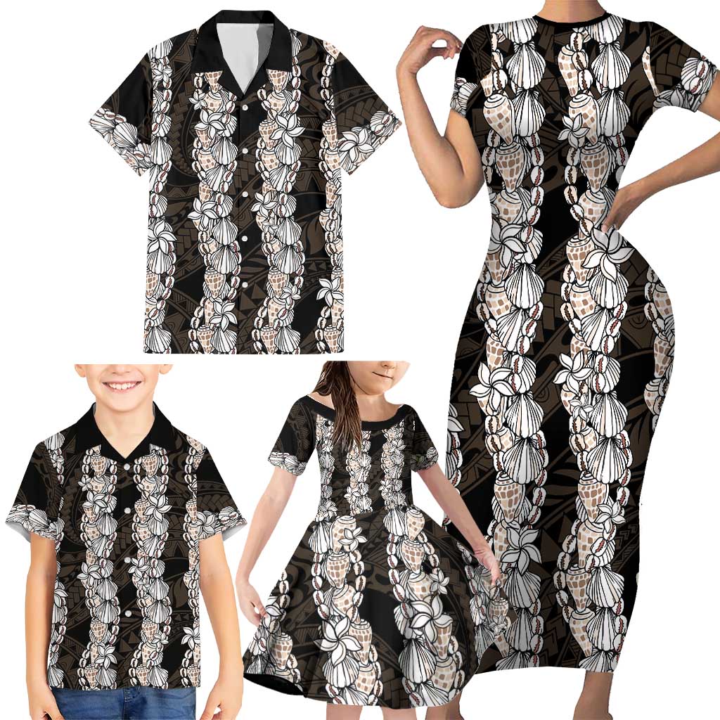 Black and Beige Hawaii Shell Lei Family Matching Short Sleeve Bodycon Dress and Hawaiian Shirt Hawaiian Sunrise Shell Hebrew Cone Plumeria LT14 - Polynesian Pride