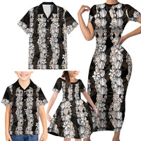 Black and Beige Hawaii Shell Lei Family Matching Short Sleeve Bodycon Dress and Hawaiian Shirt Hawaiian Sunrise Shell Hebrew Cone Plumeria LT14 - Polynesian Pride