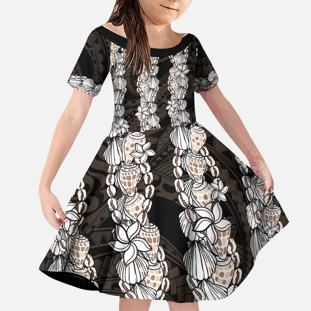 Black and Beige Hawaii Shell Lei Family Matching Summer Maxi Dress and Hawaiian Shirt Hawaiian Sunrise Shell Hebrew Cone Plumeria LT14 Daughter's Dress Black - Polynesian Pride