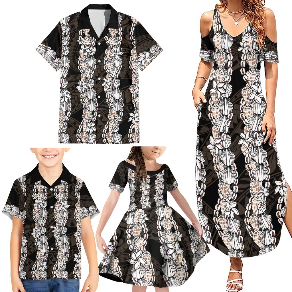 Black and Beige Hawaii Shell Lei Family Matching Summer Maxi Dress and Hawaiian Shirt Hawaiian Sunrise Shell Hebrew Cone Plumeria - Polynesian Pride