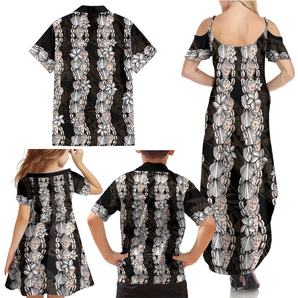 Black and Beige Hawaii Shell Lei Family Matching Summer Maxi Dress and Hawaiian Shirt Hawaiian Sunrise Shell Hebrew Cone Plumeria LT14 - Polynesian Pride