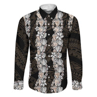 Black and Beige Hawaii Shell Lei Family Matching Summer Maxi Dress and Hawaiian Shirt Hawaiian Sunrise Shell Hebrew Cone Plumeria LT14 Dad's Shirt - Long Sleeve Black - Polynesian Pride