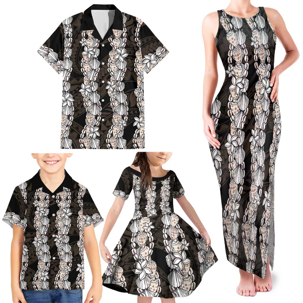 Black and Beige Hawaii Shell Lei Family Matching Tank Maxi Dress and Hawaiian Shirt Hawaiian Sunrise Shell Hebrew Cone Plumeria LT14 - Polynesian Pride