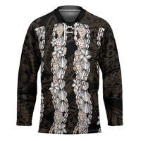 Black and Beige Hawaii Shell Lei Hockey Jersey Hawaiian Sunrise Shell Hebrew Cone Plumeria - Polynesian Pride