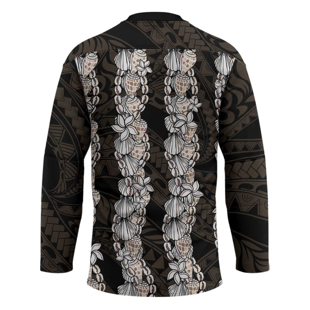 Black and Beige Hawaii Shell Lei Hockey Jersey Hawaiian Sunrise Shell Hebrew Cone Plumeria - Polynesian Pride