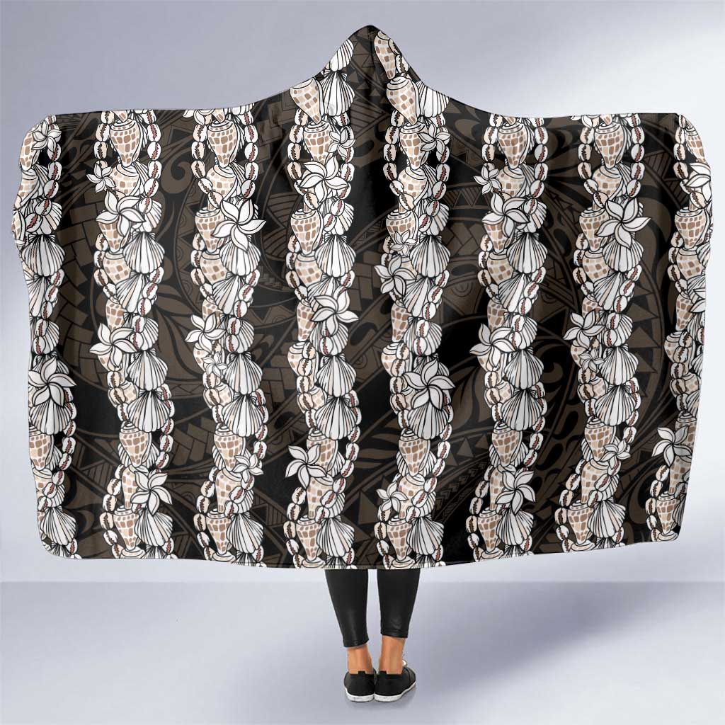 Black and Beige Hawaii Shell Lei Hooded Blanket Hawaiian Sunrise Shell Hebrew Cone Plumeria - Polynesian Pride