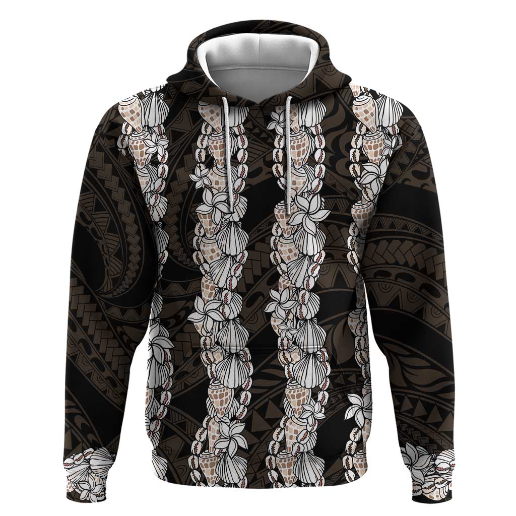Black and Beige Hawaii Shell Lei Hoodie Hawaiian Sunrise Shell Hebrew Cone Plumeria - Polynesian Pride