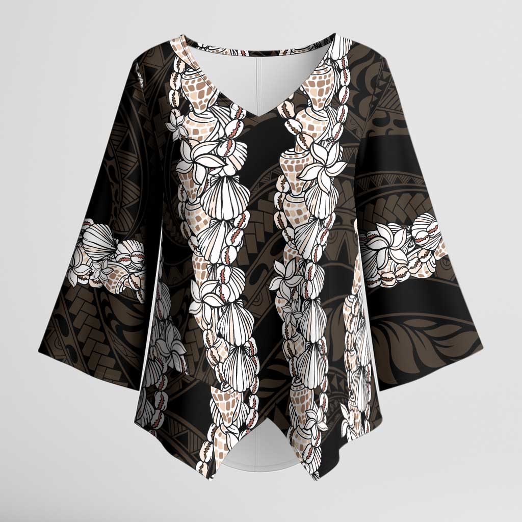 Black and Beige Hawaii Shell Lei Kimono Sleeve Blouse Hawaiian Sunrise Shell Hebrew Cone Plumeria - Polynesian Pride