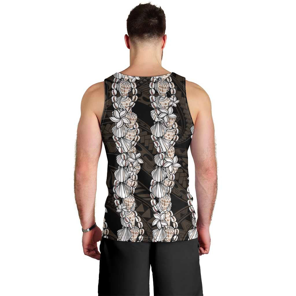Black and Beige Hawaii Shell Lei Men Tank Top Hawaiian Sunrise Shell Hebrew Cone Plumeria - Polynesian Pride
