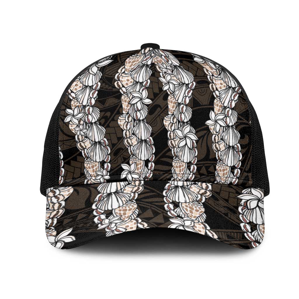 Black and Beige Hawaii Shell Lei Mesh Trucker Cap Hawaiian Sunrise Shell Hebrew Cone Plumeria - Polynesian Pride